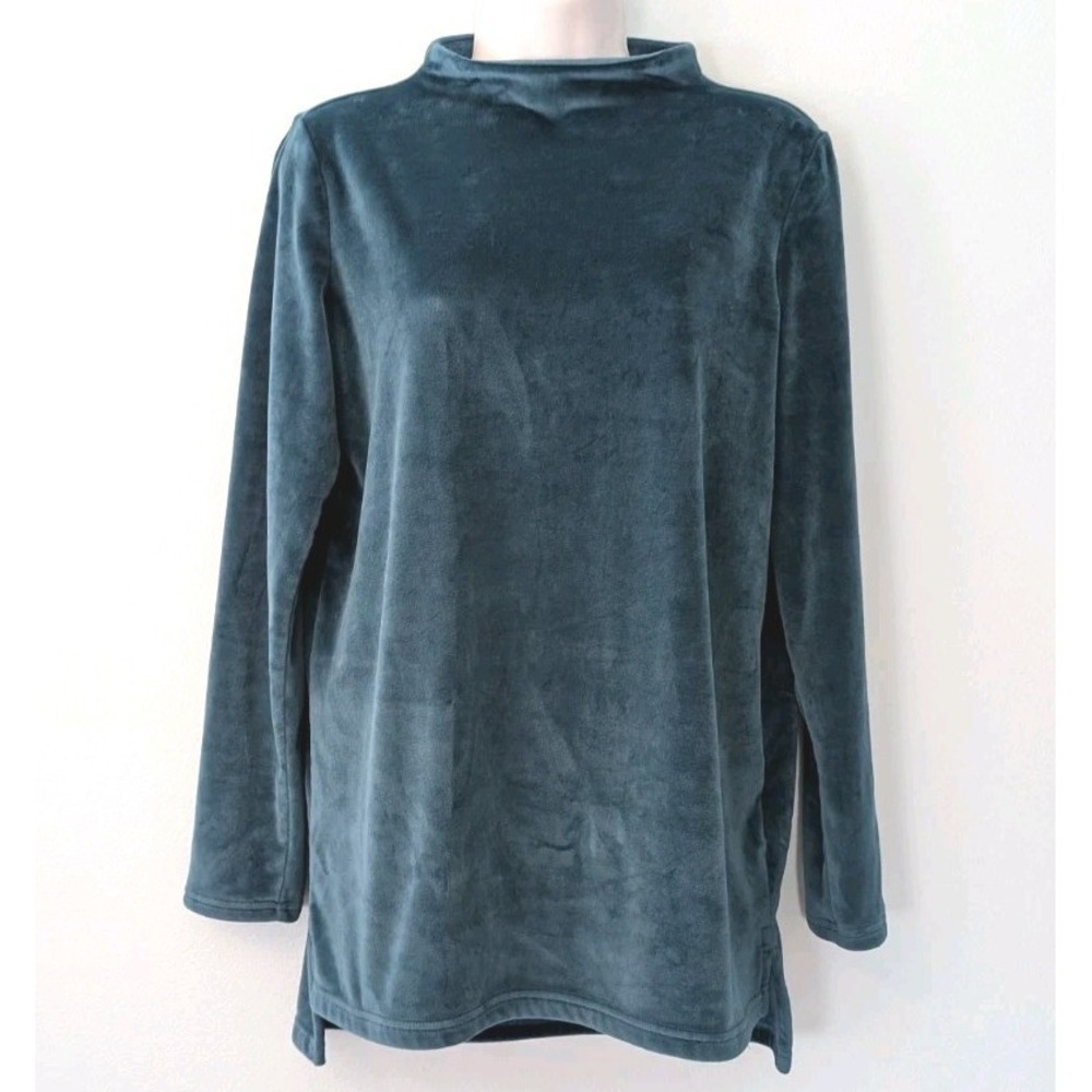 Lands End Pajama Top XS Petite Velour Fleece Lounge Tunic Relaxed Fit Blue Green